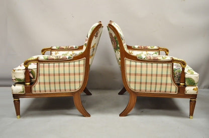 French Regency Style Floral Print Mahogany Frame Club Lounge Chairs - a Pair