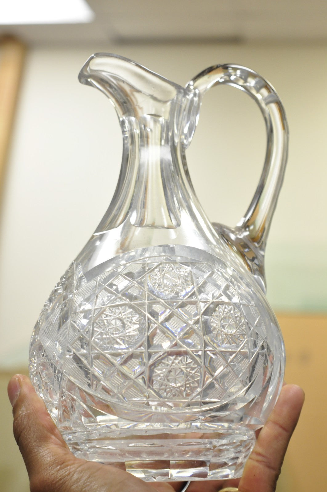 Antique Victorian Leaded Crystal Glass Diamond Etched Small Water Pitcher Jug