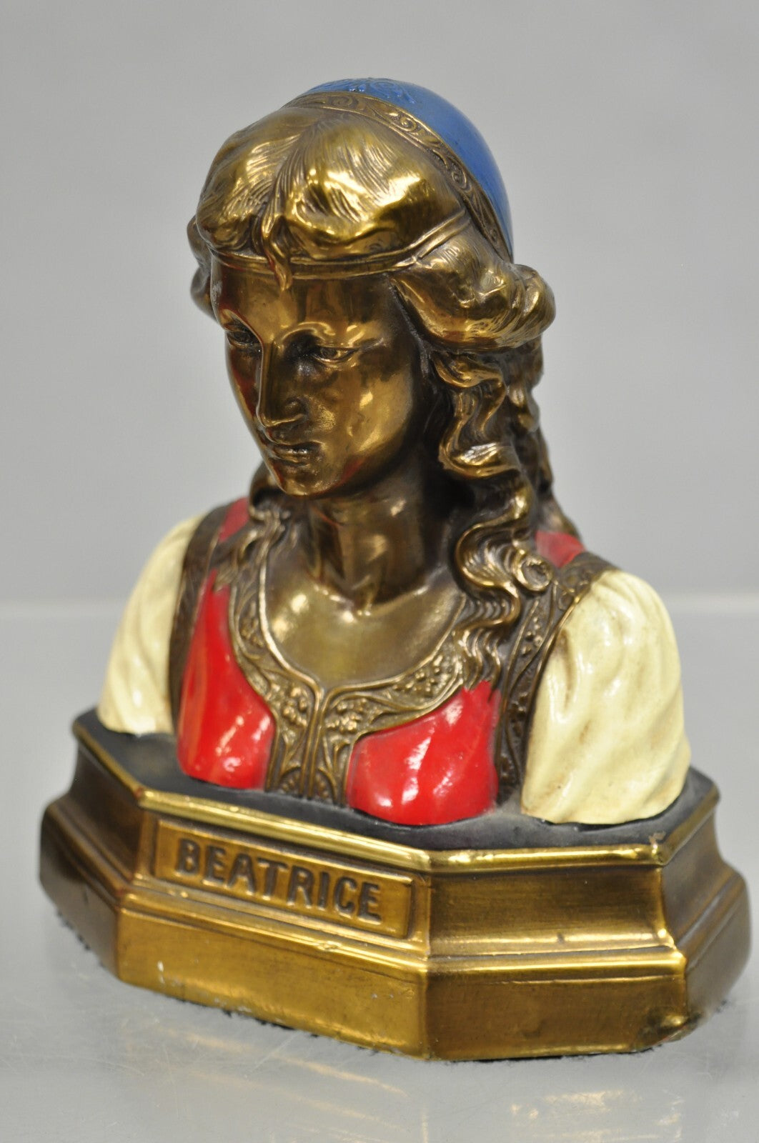Antique Dante & Beatrice Painted Figural Bronze Bust Bookends - a Pair