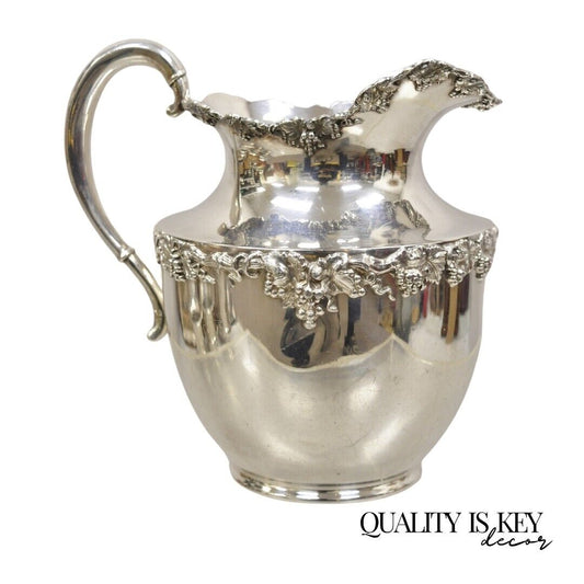 Vintage English Victorian Style Silver Plated Grapevine Pattern Water Pitcher