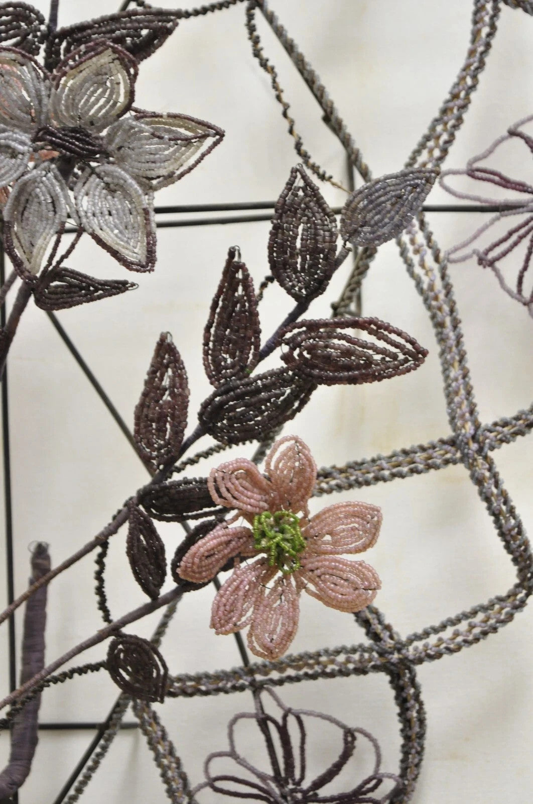 Antique French Victorian Purple Glass Beaded Memorial Wreath Wall Art Sculpture