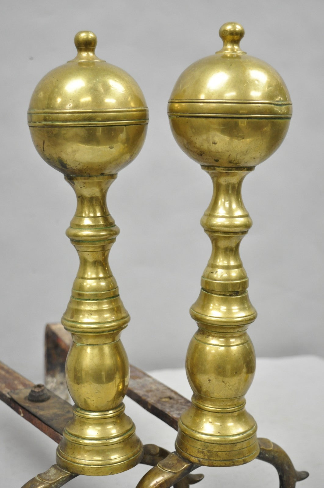 Antique English Colonial Brass Cannonball Branch Leg Andirons w/ Patina - a Pair