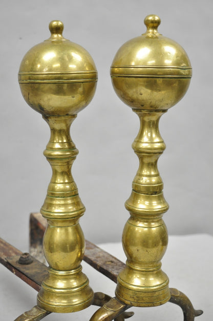 Antique English Colonial Brass Cannonball Branch Leg Andirons w/ Patina - a Pair