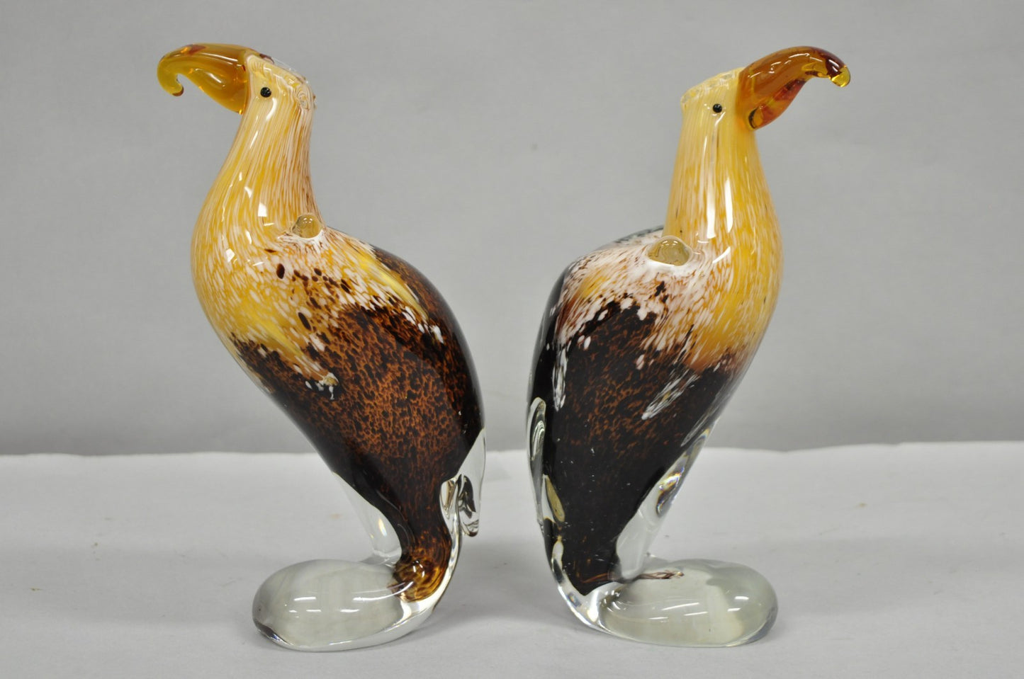 Vintage Murano Style Handblown Art Glass Brown Bald Eagle Bird Figurine - a Pair