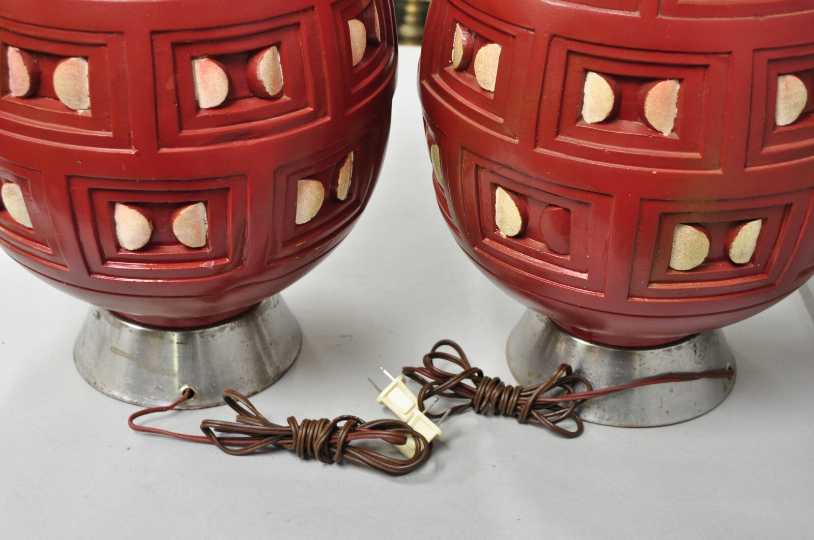 Mid Century Modern Space Age Red Ceramic "Beehive" Large Table Lamps - a Pair