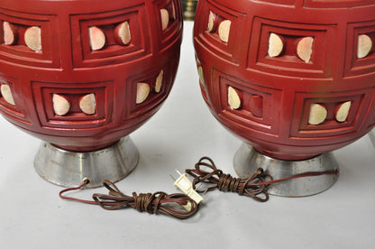 Mid Century Modern Space Age Red Ceramic "Beehive" Large Table Lamps - a Pair