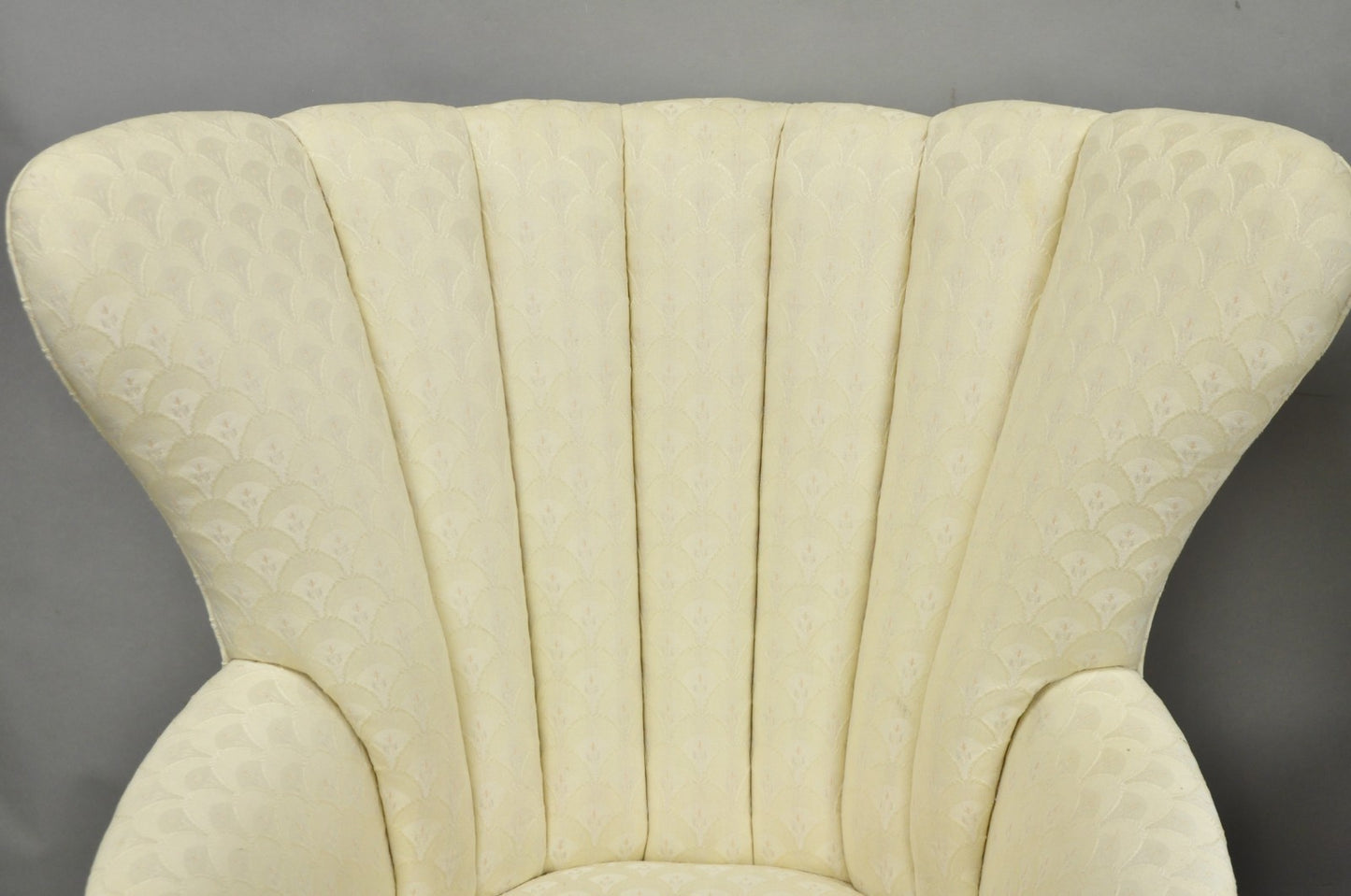 Vintage French Art Deco Style Channel Wingback Mahogany Lounge Arm Chairs - Pair