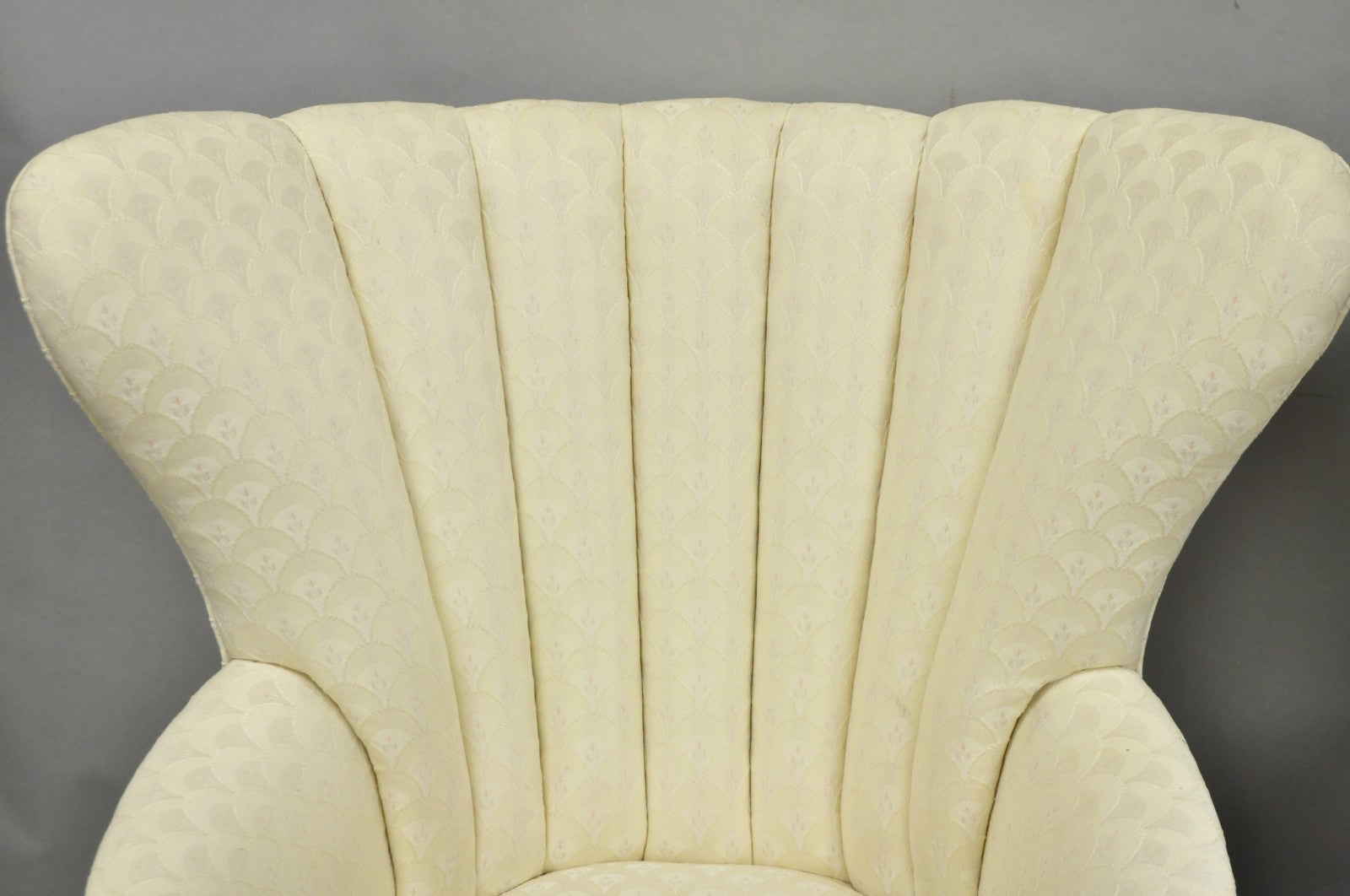 Vintage French Art Deco Style Channel Wingback Mahogany Lounge Arm Chairs - Pair