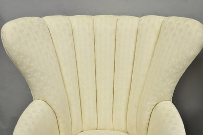 Vintage French Art Deco Style Channel Wingback Mahogany Lounge Arm Chairs - Pair