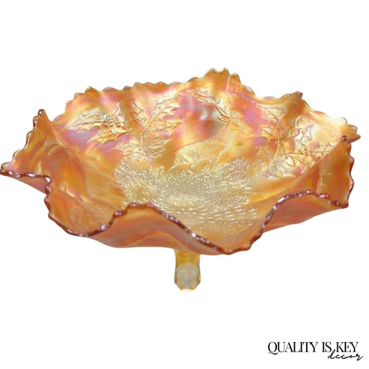 Fenton Stag & Holly Carnival Glass Ruffled Edge Footed Marigold Bowl 11" (A)