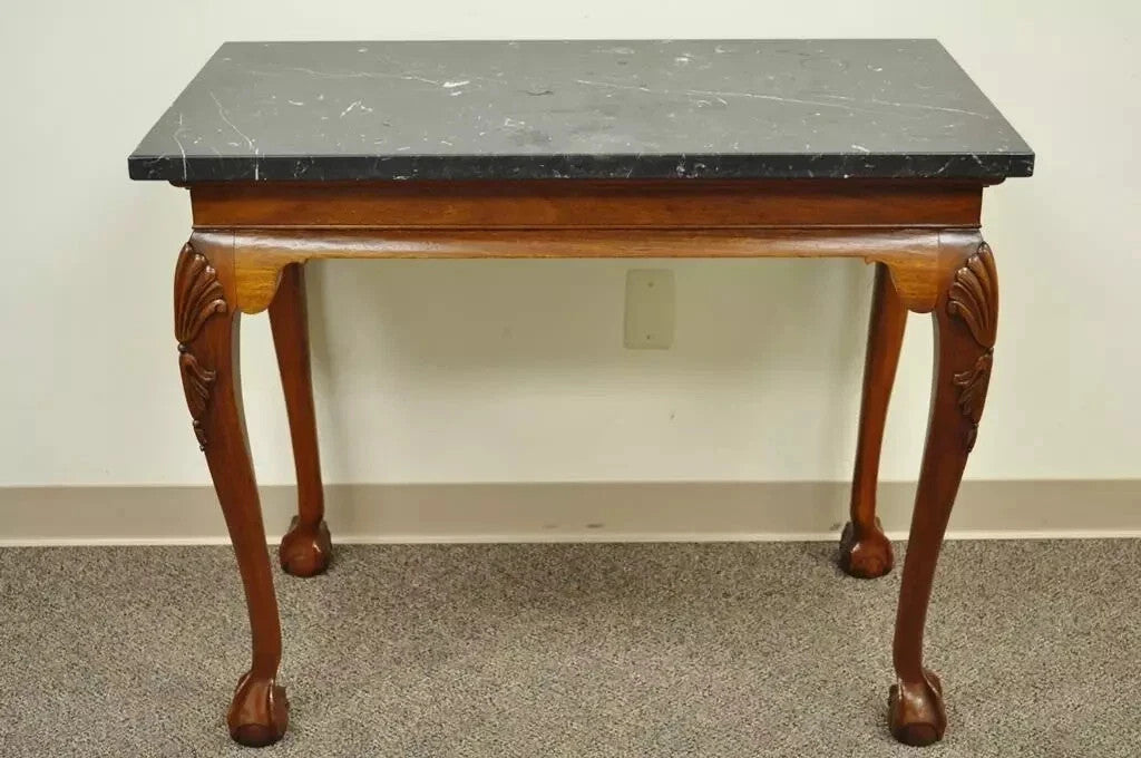 Vintage Chippendale Style Carved Mahogany Ball and Claw Marble Top Console Table