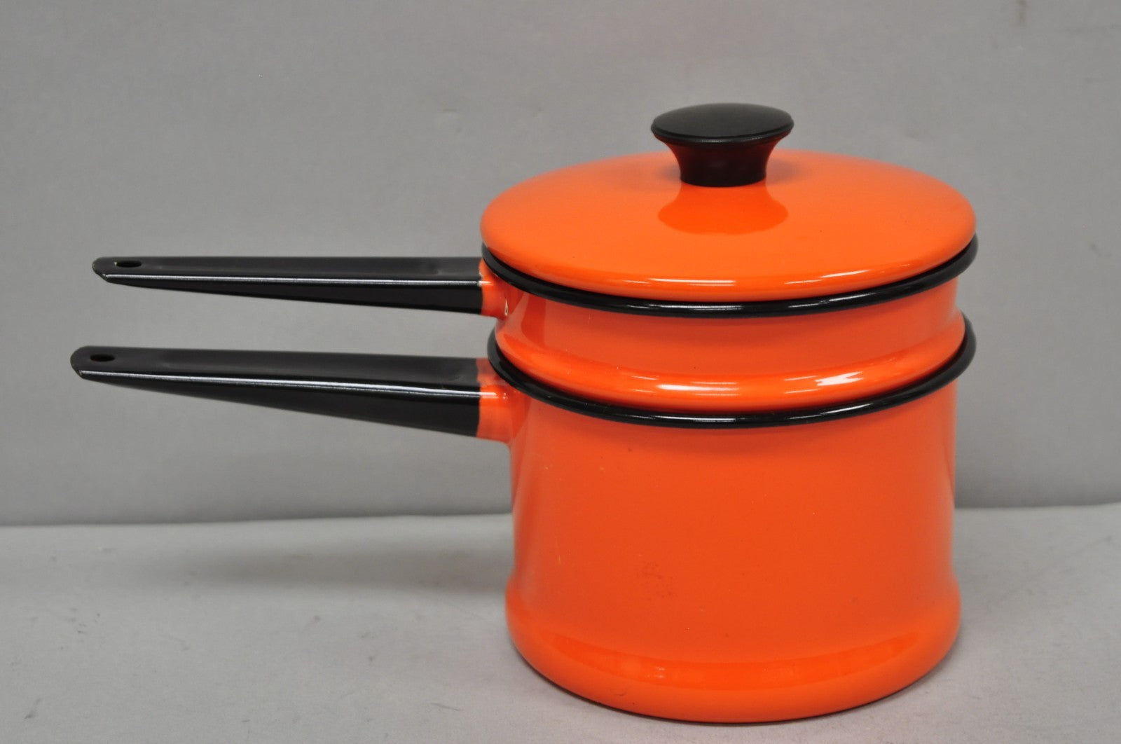 Vintage Enamel Orange & Black Metal Double Boiler Nesting Pot w/ Lid