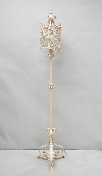 Antique French Renaissance Art Nouveau Iron Floral Lantern Pole Floor Lamp