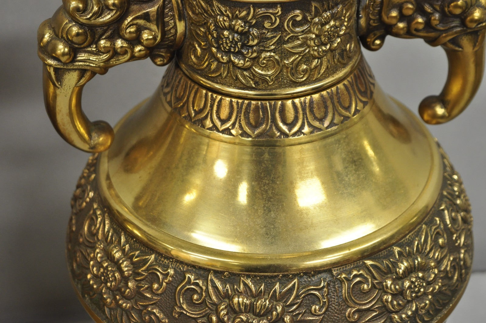 Vintage Brass Chinese Jardinière Elephant Handle Oriental Table Lamps - a Pair