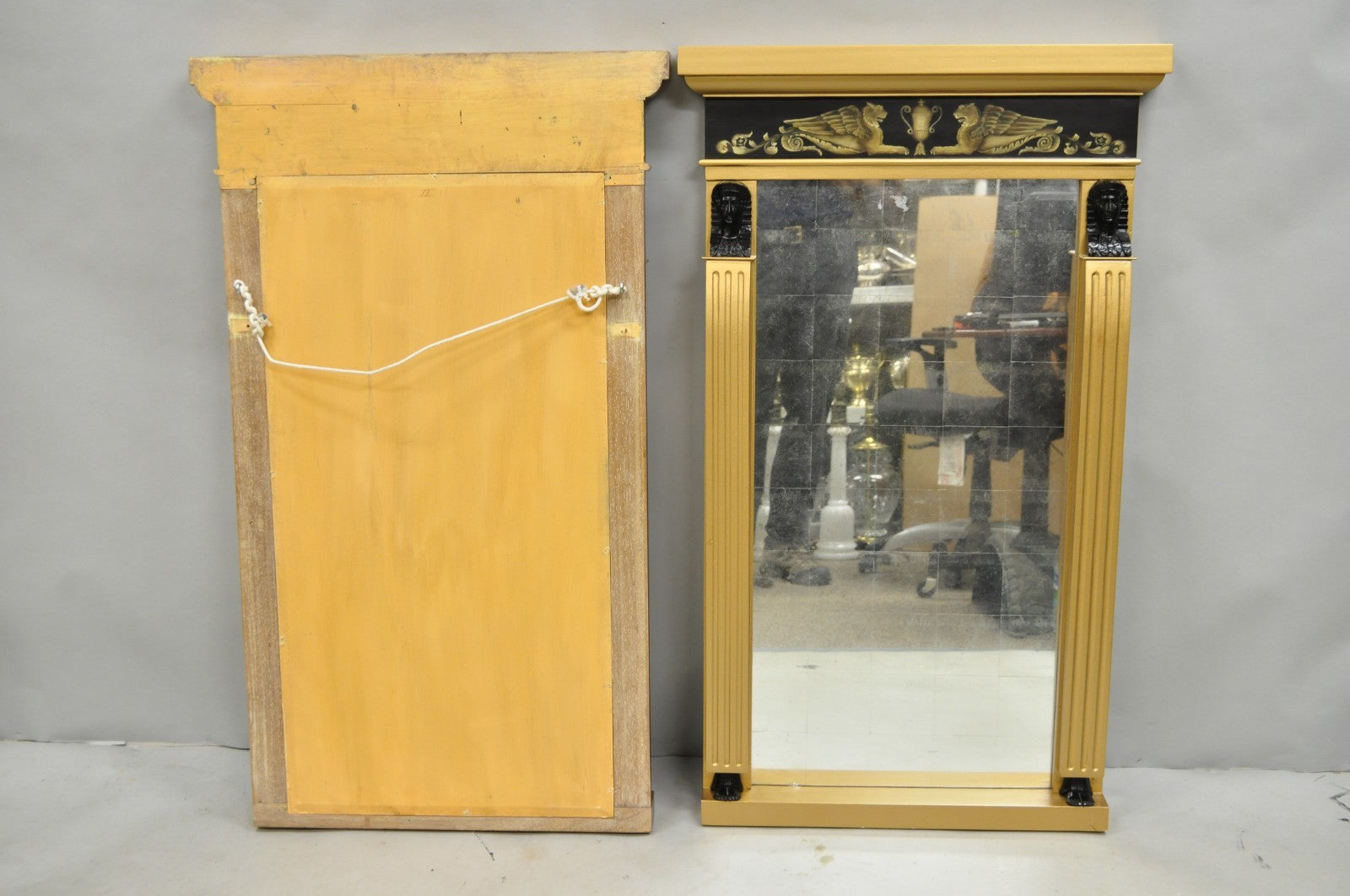 Vintage English Regency Egyptian Revival Style Sphinx Gold Wall Mirrors - a Pair