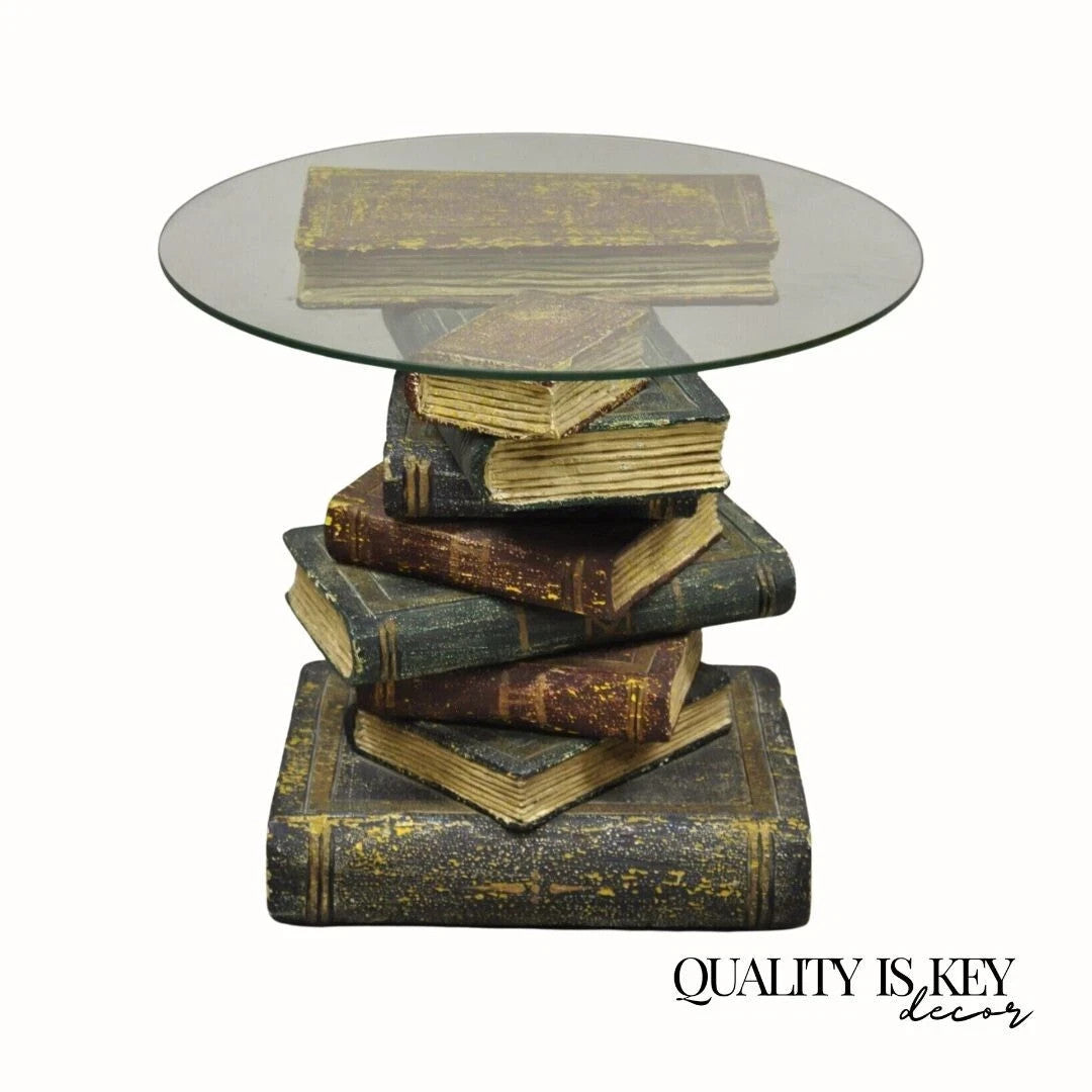 Vintage Regency Style Figural Faux Stacked Book Form Round Glass Top Side Table