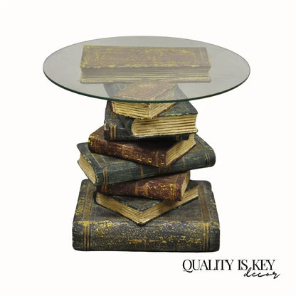 Vintage Regency Style Figural Faux Stacked Book Form Round Glass Top Side Table