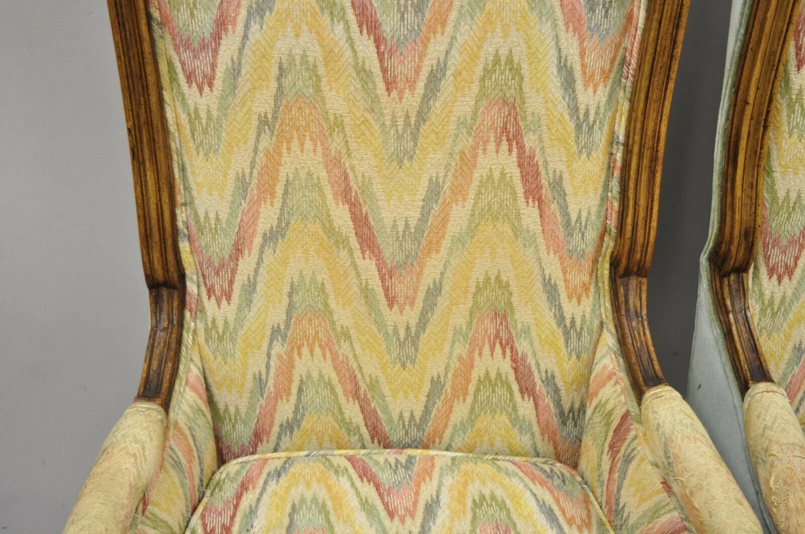 Vintage French Country Provincial High Back Walnut Arm Chairs (B) - a Pair