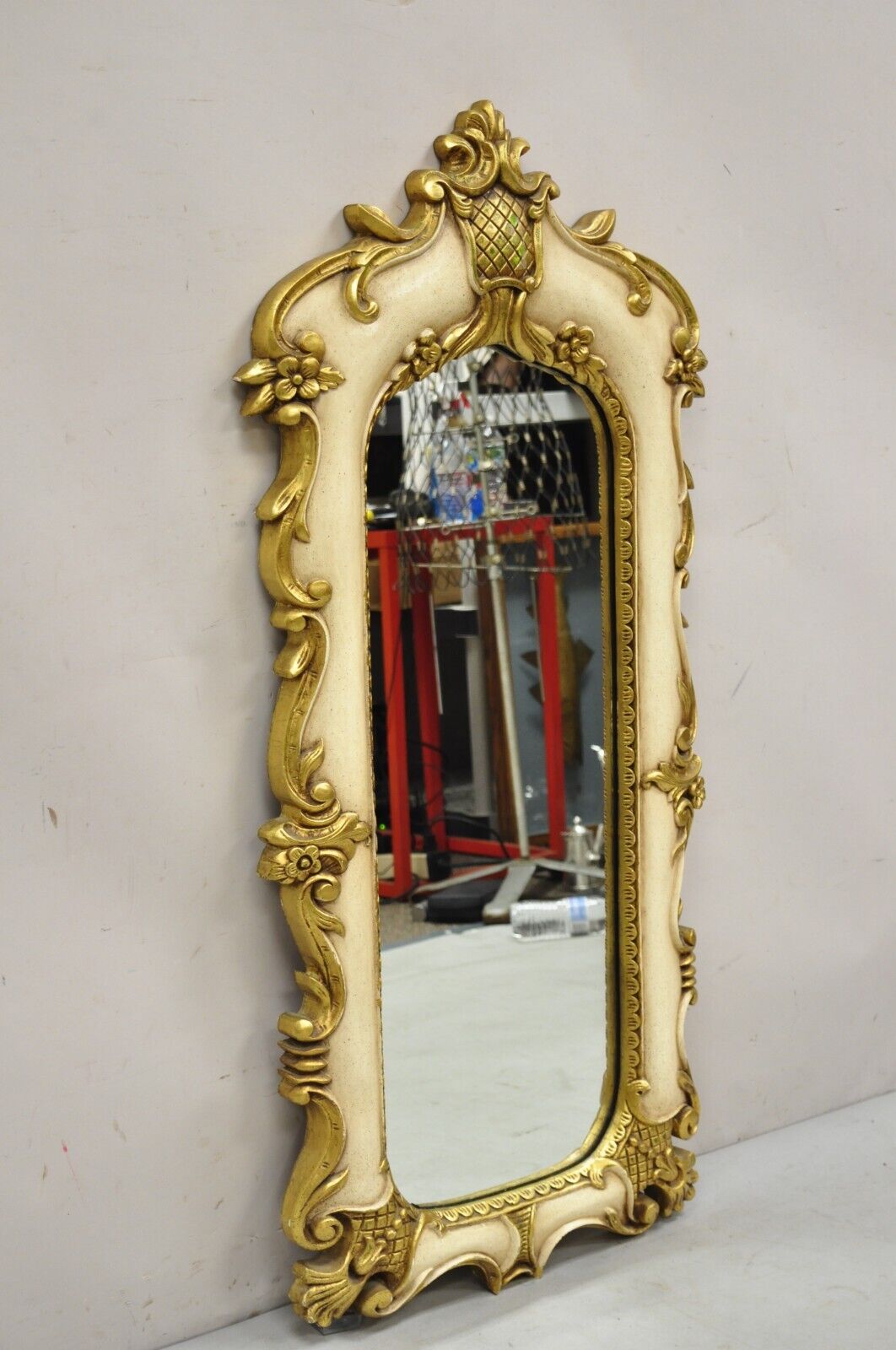 Vintage Italian Venetian Cream and Gold Painted Floral Rococo Wall Mirror