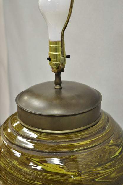 Vintage Mid Century Modern Green Swirl Glazed Ceramic Jardiniere Table Lamp