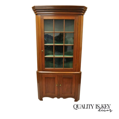 Antique Primitive Colonial Cherry Wood Wavy Glass Corner Cupboard China Cabinet