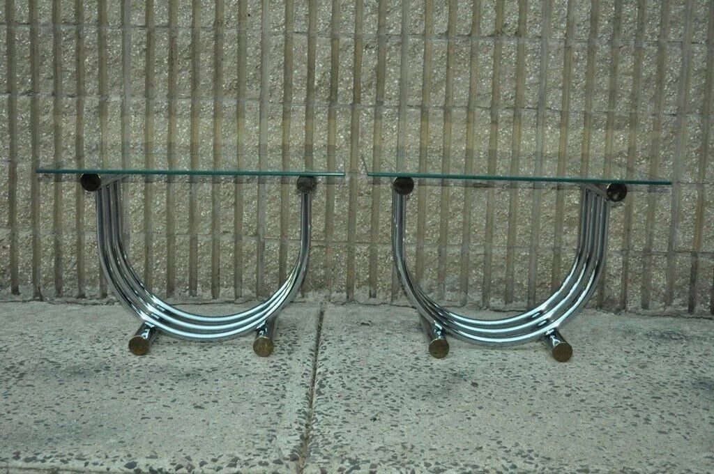 Vintage Mid Century Modern Romeo Rega Style Chrome Arch Side End Tables - a Pair