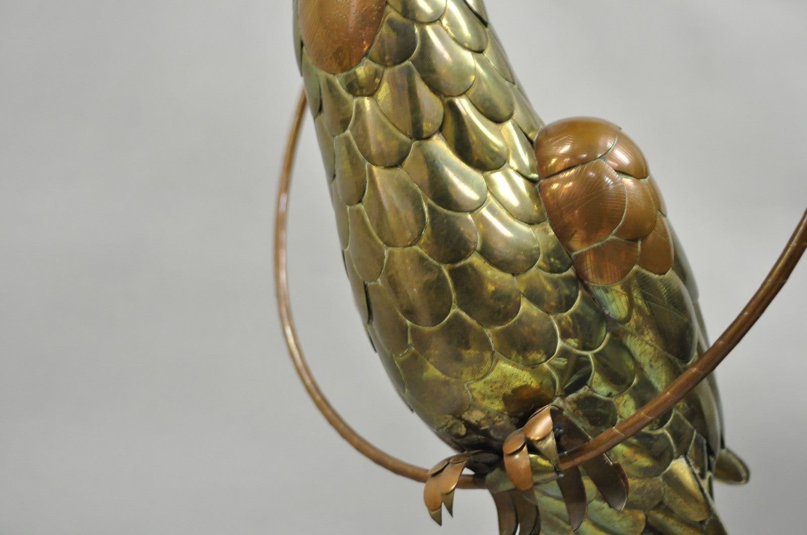 Vintage Sergio Bustamante Style Brass & Copper Parrot Swing Hanging Sculpture