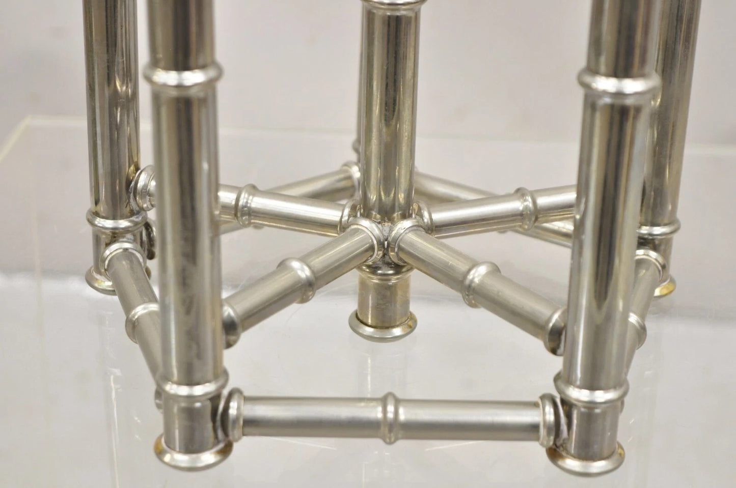 Vintage Hollywood Regency Silver Plated Chrome Faux Bamboo Candlesticks - a Pair