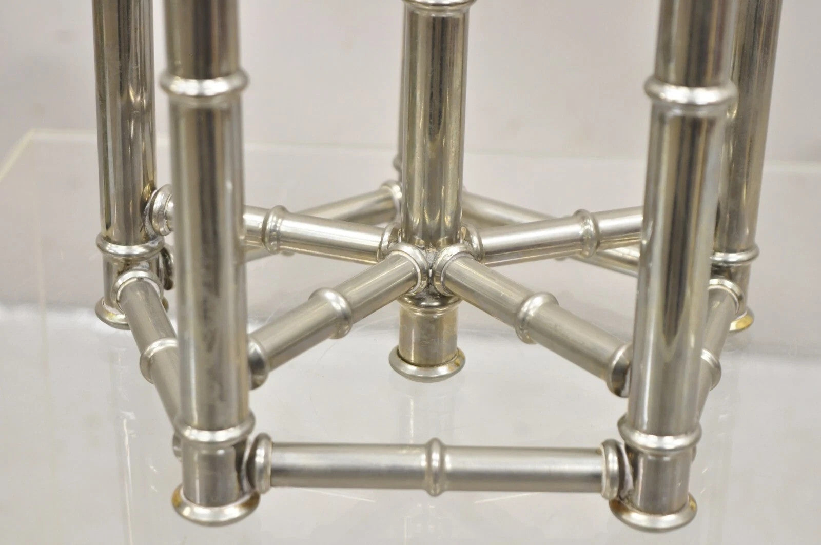 Vintage Hollywood Regency Silver Plated Chrome Faux Bamboo Candlesticks - a Pair
