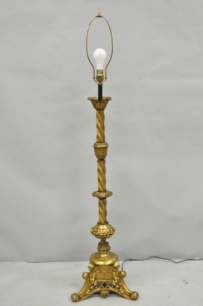 Antique French Renaissance Gothic Brass Metal Gold Candlestick Floor Lamp