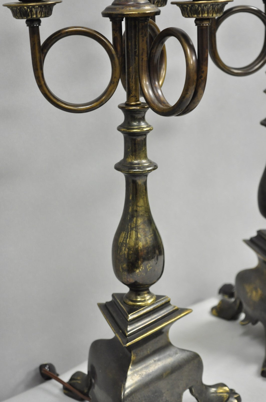 Frederick Cooper French Empire Brass Patina Trumpet Candelabra Table Lamp Pair