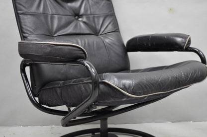 Vintage Black Leather Ekornes Stressless Style Swivel Recliner Lounge Chair
