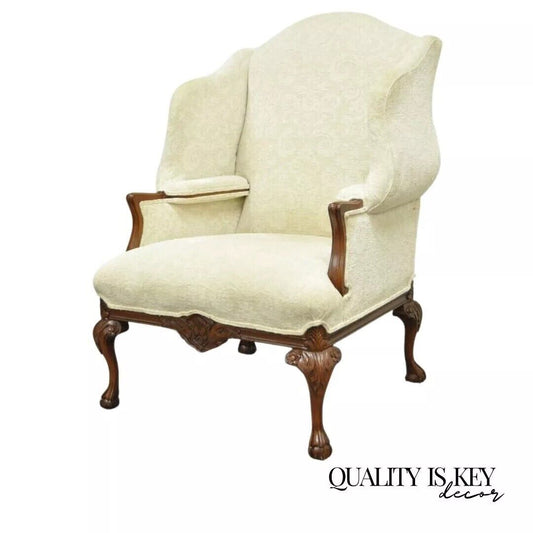 Georgian Style Oversized Mahogany Ball and Claw Upholstered Wingback Chair