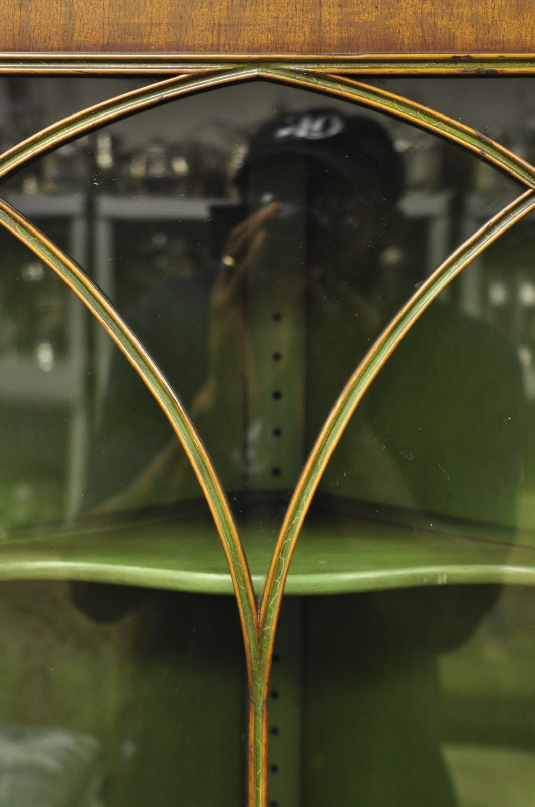 Antique English Adams Style Green Hand Painted Narrow Corner China Cabinet