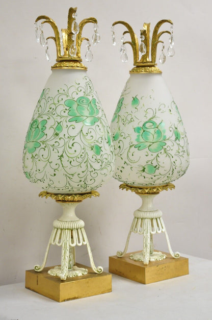 Vintage Italian Hollywood Regency Glass Pineapple Gold Metal Table Lamps - Pair