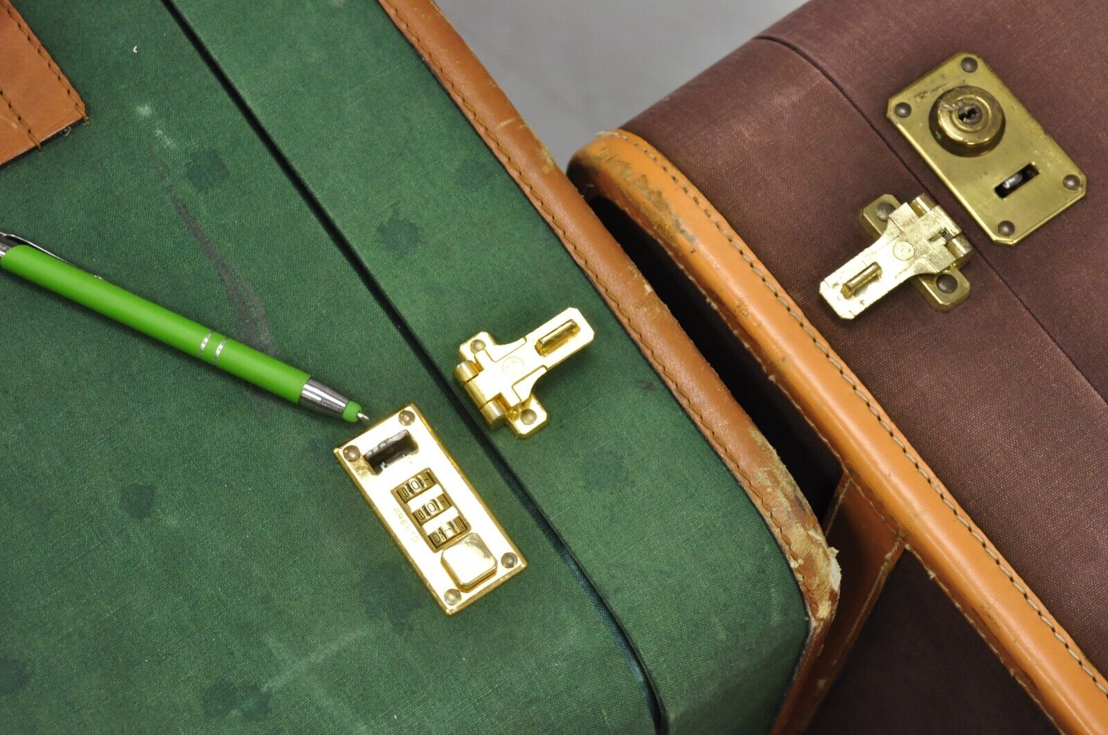 Vintage T. Anthony Art Deco Leather & Canvas Green Brown Hard Luggage - 4 Pc Set