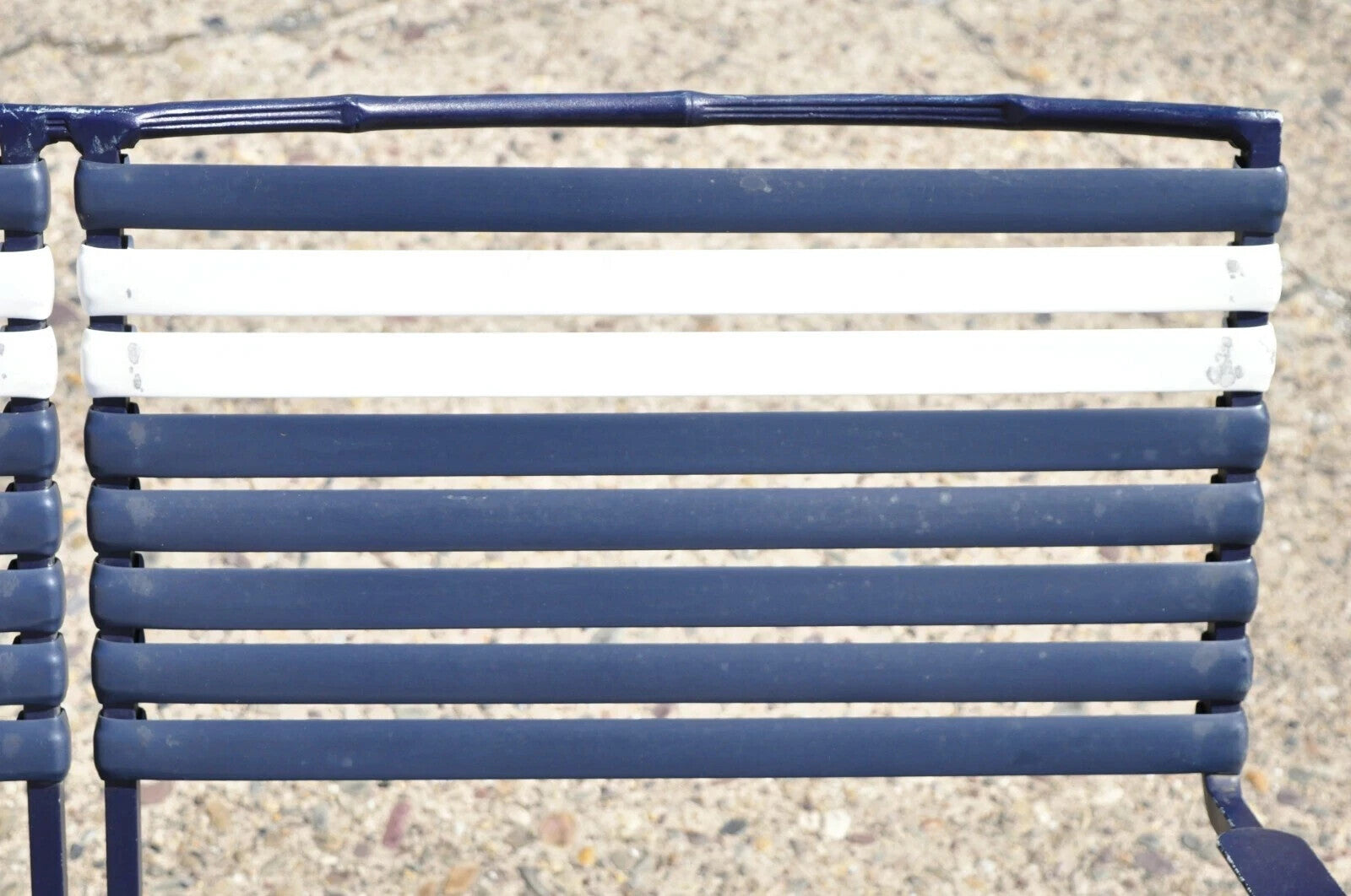Vintage Mid Century Modern Faux Bamboo Aluminum Vinyl Strap Blue Patio Loveseat