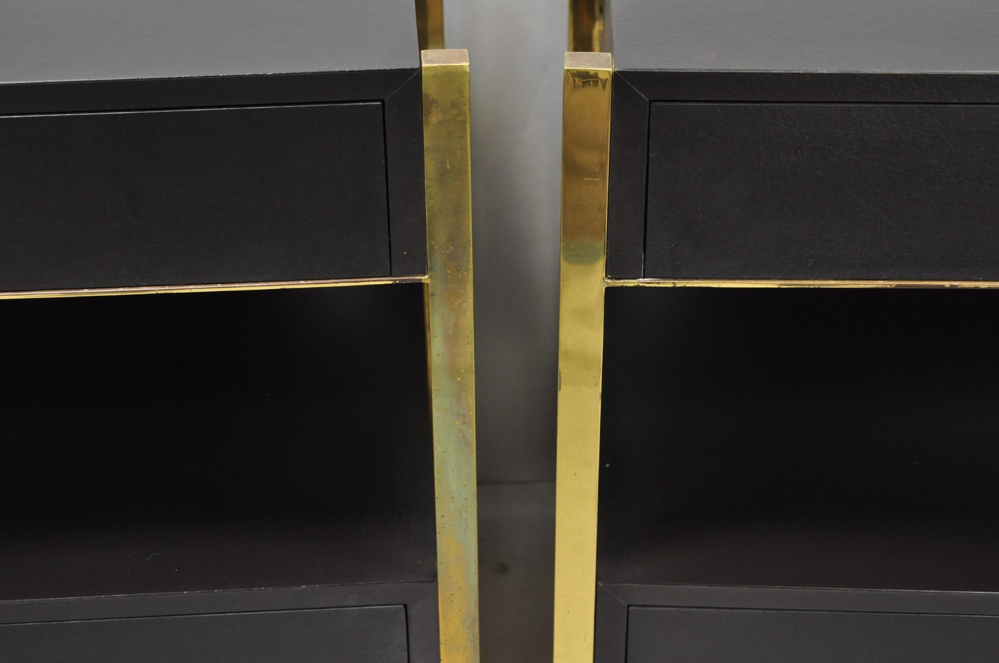 Contemporary Modern Black & Brass Faux Bamboo Nightstand Bedside Table - a Pair