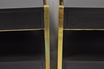 Contemporary Modern Black & Brass Faux Bamboo Nightstand Bedside Table - a Pair