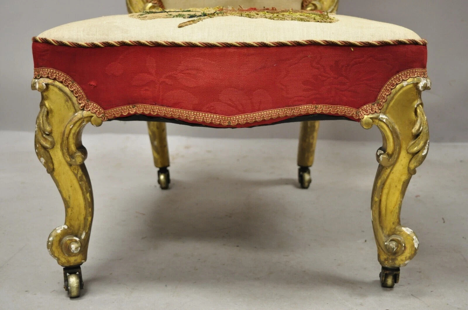 Antique Victorian Gold Giltwood Rococo Parlor Slipper Lounge Chairs - a Pair