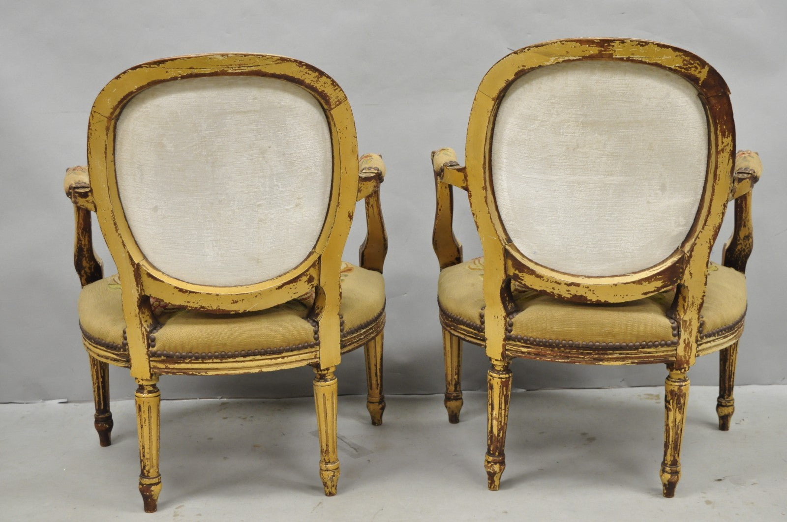 Antique French Louis XVI Style Aubusson Tapestry Fauteuil Arm Chairs - a Pair