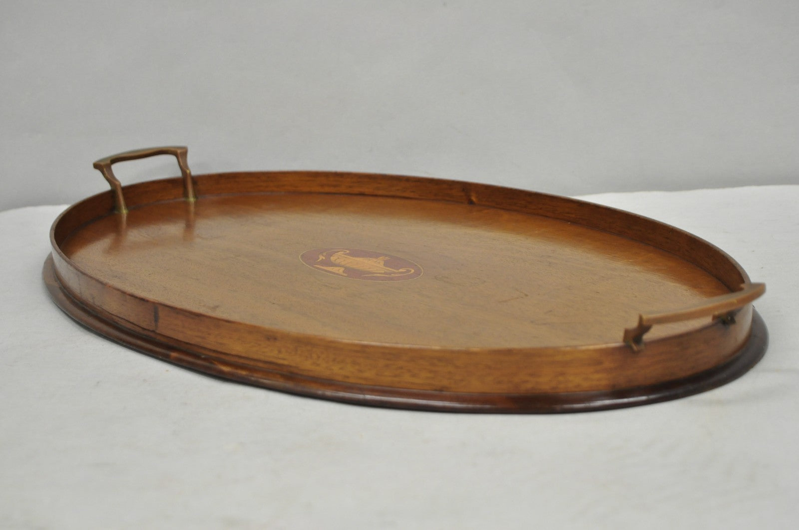 Antique English Edwardian Oval Mahogany Butlers Bar Serving Tray with Urn Inlay