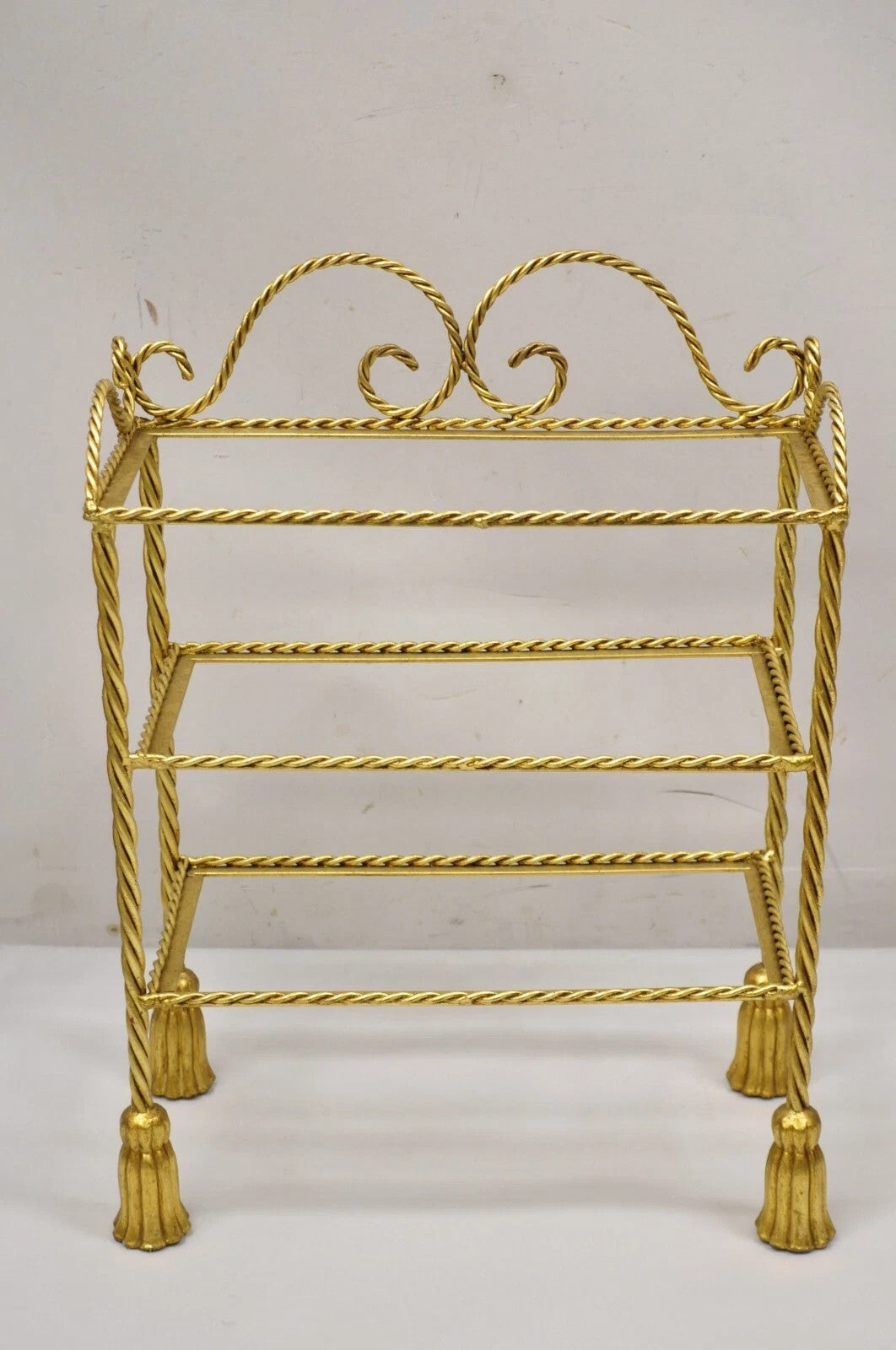 Italian Hollywood Regency Gold Gilt Iron 3 Tier Shelf Small Display Stand (A)