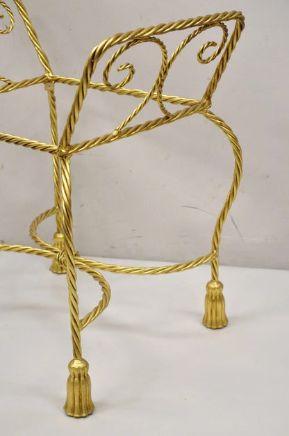 Vintage Italian Hollywood Regency Gold Gilt Iron Rope Tassel Vanity Bench Chair