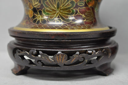 Vintage Cloisonné Chinese Small Enameled Brown Covered Ginger Jar on Stand, Pair
