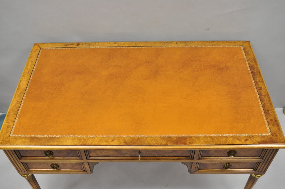 Vintage French Louis XVI Style Burl Walnut Tooled Leather Top Writing Desk