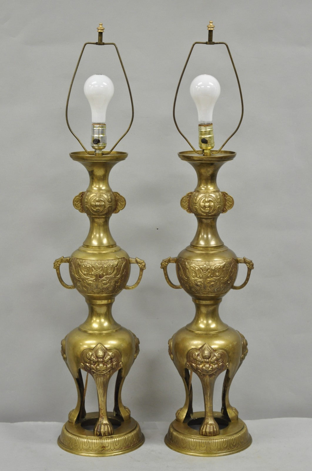 Vintage Chinoiserie James Mont Style Bronze Chinese Foo Dog Table Lamps (B) Pair