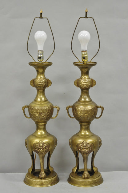 Vintage Chinoiserie James Mont Style Bronze Chinese Foo Dog Table Lamps (B) Pair