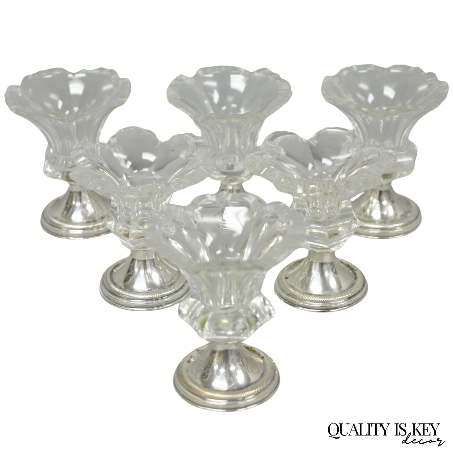 Antique English Victorian Crystal Glass & Silver Sweetmeat Candy Nut Dish, Set 6
