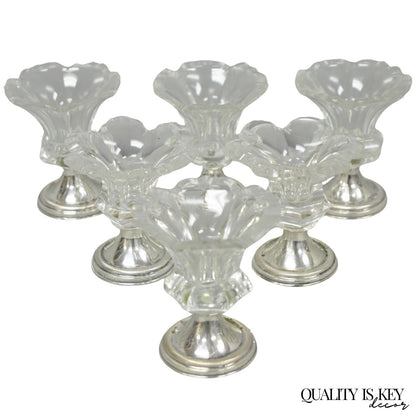 Antique English Victorian Crystal Glass & Silver Sweetmeat Candy Nut Dish, Set 6
